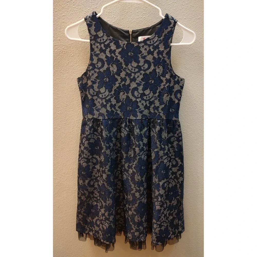 Justice Size 12 Navy Blue Black Lace Floral Silver Shimmer Dress Ruffled Trim